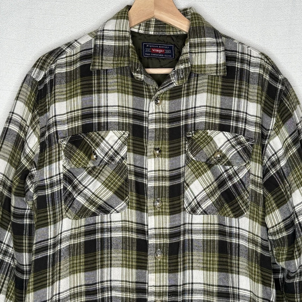 Wrangler Green Plaid Flannel Shirt Jacket Mens S Quilted Lined Shacket Workwear